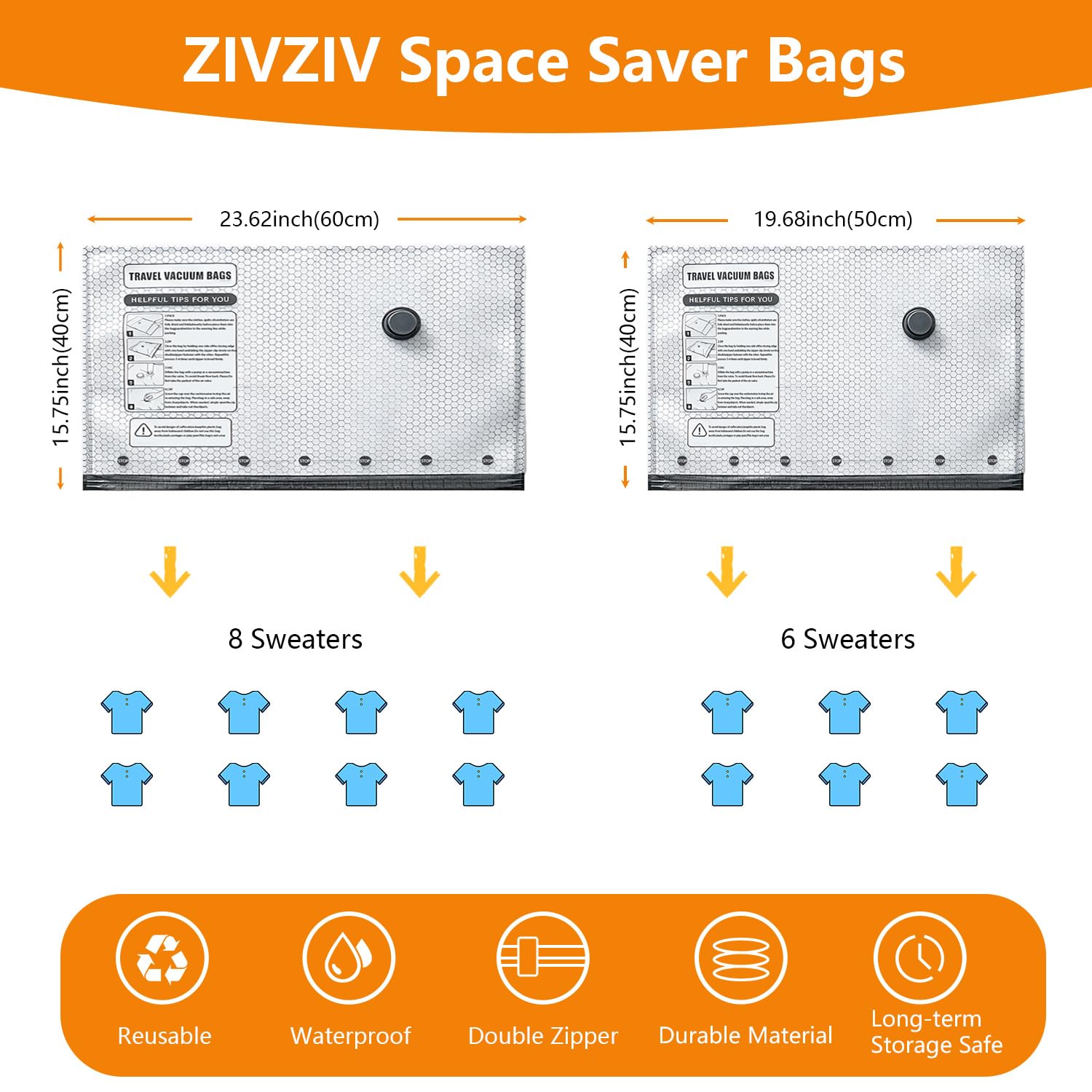 ZIVZIV Sacs sous vide pour voyage avec pompe à air rechargeable, sacs de compression (10 × 50 × 40 cm + 5 × 60 × 40 cm) pour voyage, vêtements, organiseur de bagages