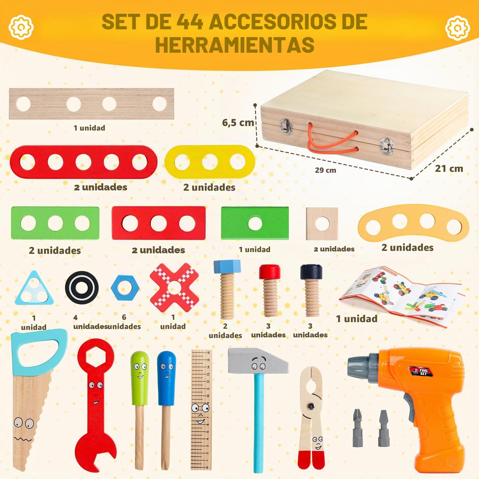 Juguetes Niños 3 Años Regalo Niño Niña 3 4 Años, Madera Caja Herramientas Juguete con Taladro Eléctrico, Juguetes Montessori Juegos Educativos Niños Niñas 3 4 Años (44 Piezas)