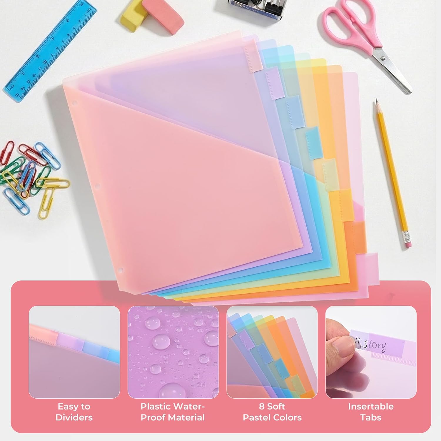 8-Tabs Binder Dividers with Pockets, Plastic Index Dividers for US Letter Size in 0.5'', 1'', 2'', 3 inch Binders, Multicolor Tabs for Easy File Organization, School Office Supplies 8 Colors (12 Pack)