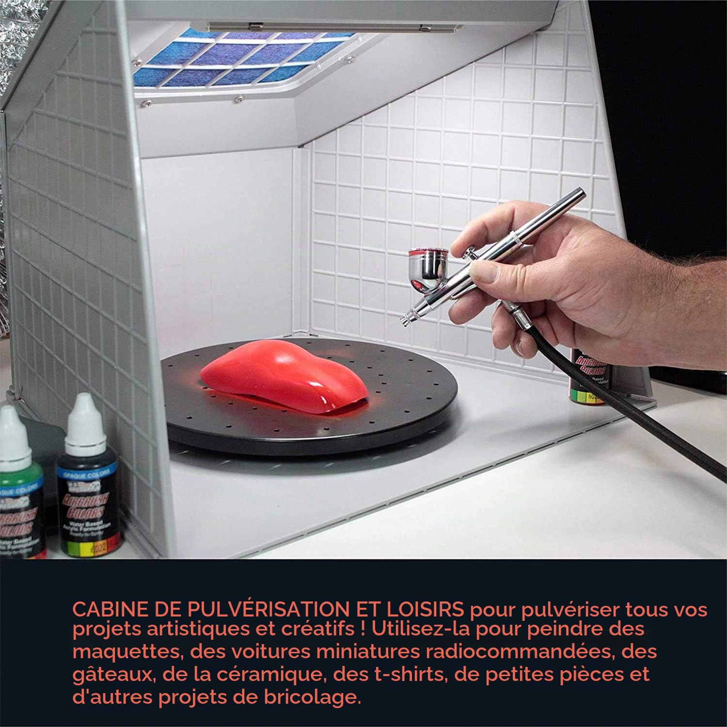 Fengda Aerographe Cabine d'aspiration Boîte de pulvérisation avec lumières LED et Plateau tournant pour la pulvérisation de modèles, d'artisanat, de décoration de gâteaux, d'ongles, etc
