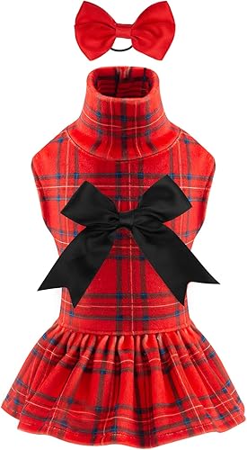 CuteBone Vestido de terciopelo para perro de cuello alto, falda de cachorro, ropa para mascotas, ropa para gatos con lazo para el pelo para perros