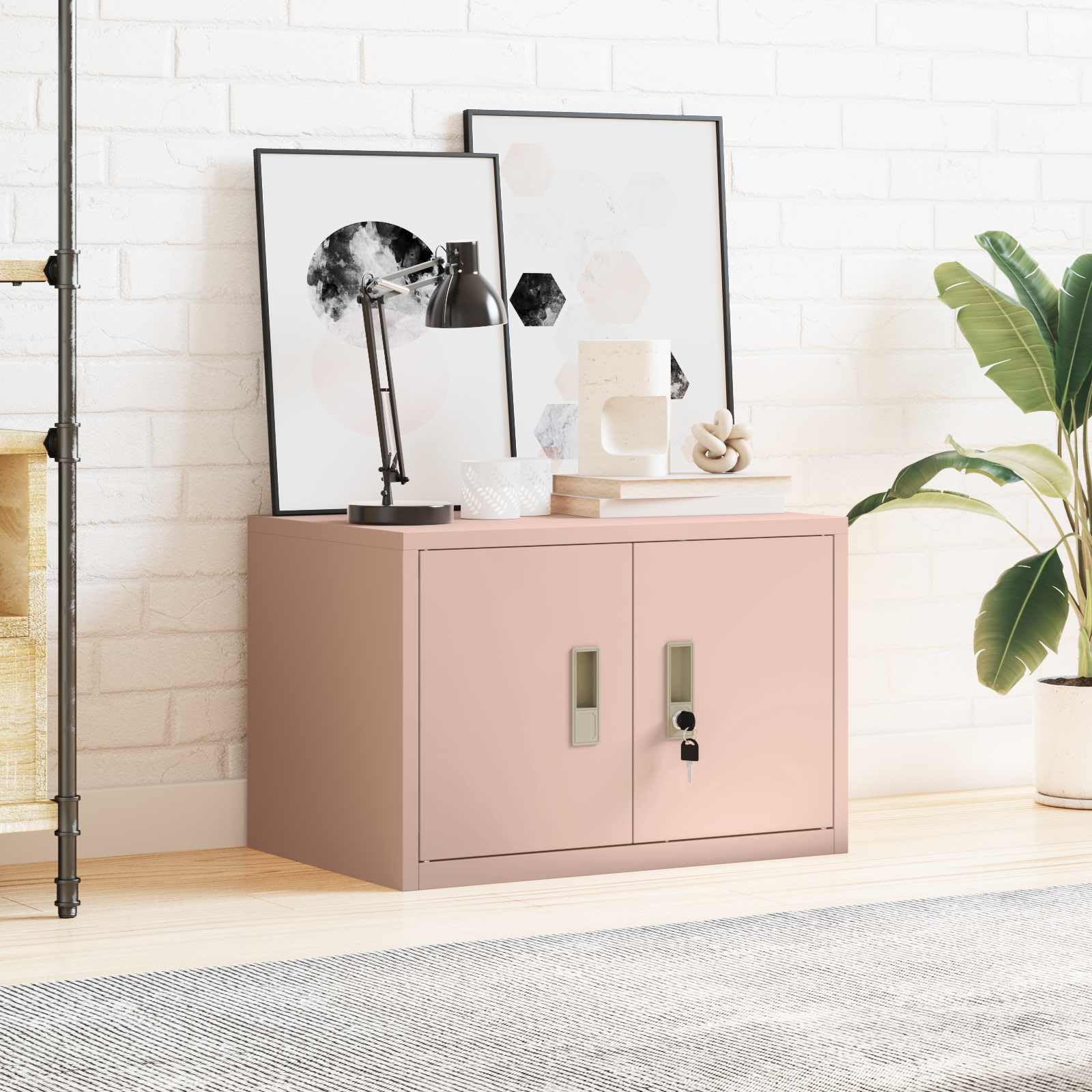 Aufbewahrungsschrank Rosa aus Stahl 60 x 40 x 40 cm mit abschließbaren Türen, pulverbeschichtet, Büro- und Homeoffice-Regal für Akten, Dokumente, Ordner und Büroorganisation