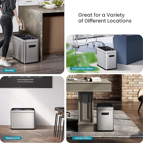 Miniatura 6 de Home Zone Living Basurero de cocina de 8 galones, parte superior abierta, forro extraíble doble para reciclaje y basura, acero inoxidable, forma