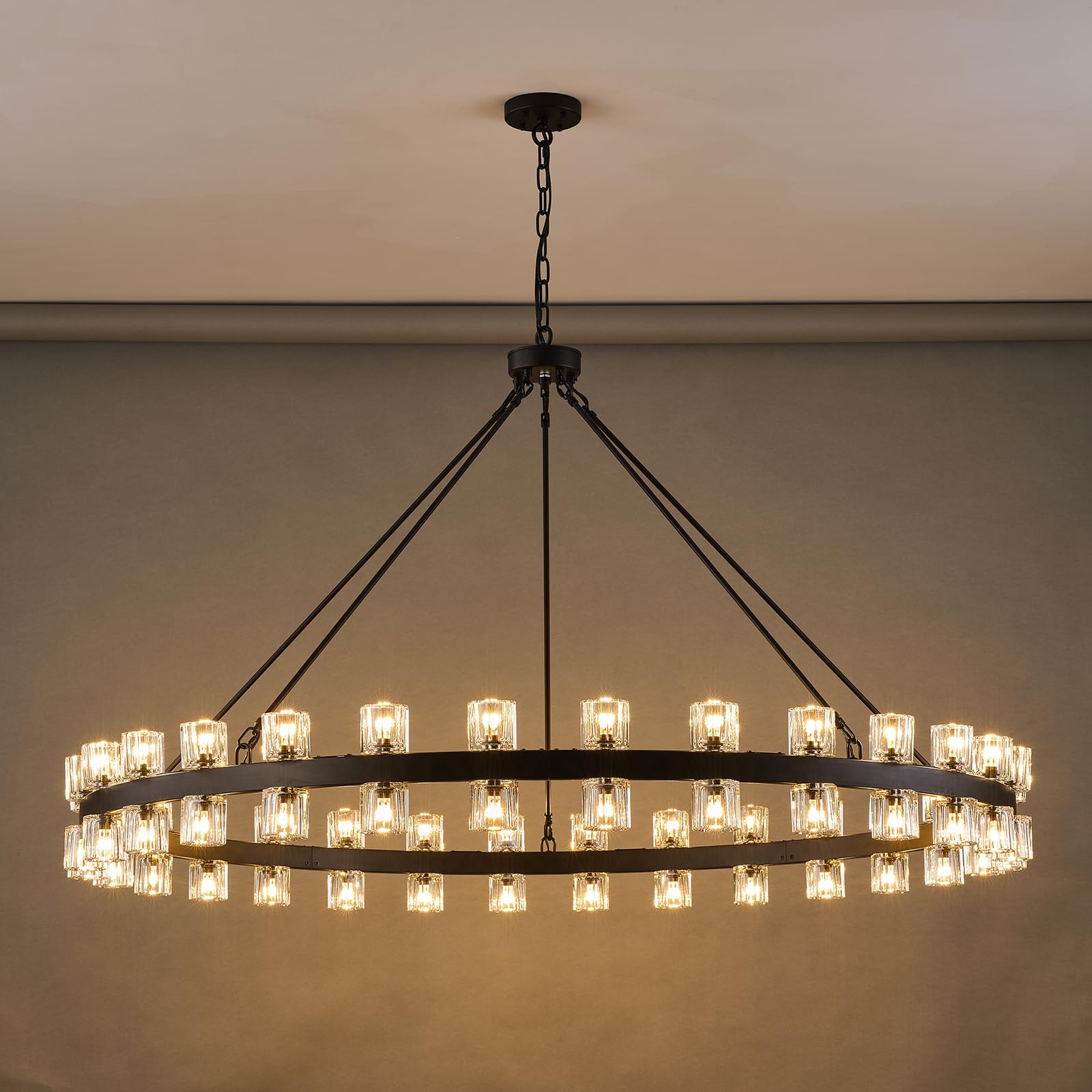 Photo 1 of Plsintly 60 Inch Black Wagon Wheel Chandelier with Crystal Shade, 60 Lights, Modern Farmhouse Style, Ideal for Dining Room, Kitchen, Entryways