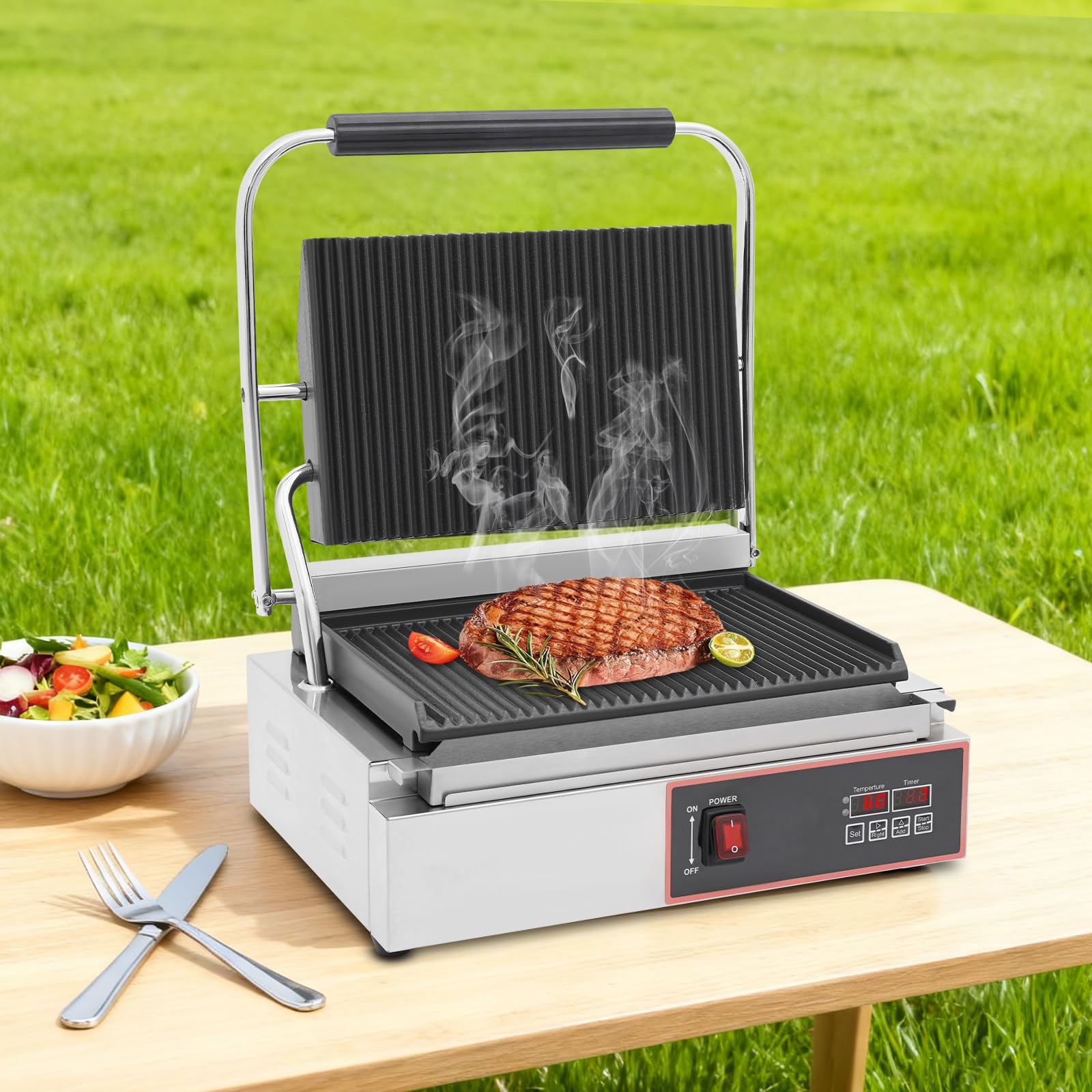 Kontaktgrill Elektrogrill Sandwichtoaster 34 × 23cm, Elektrischer Tischgrill einstellbare Temperatur und Timer, Antihaftbeschichtete, Plattengriller für Panini, Toasts, Steak, Gemüse