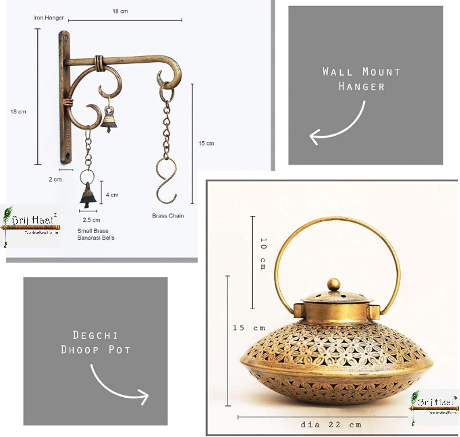 BRIJ HAAT Iron Degchi Dhoop Holder and Tea Light Holder for Home and Pooja Room Decor with Wall Hanging Stand and Brass Bells, Antique Golden with 12 sambrani dhoop