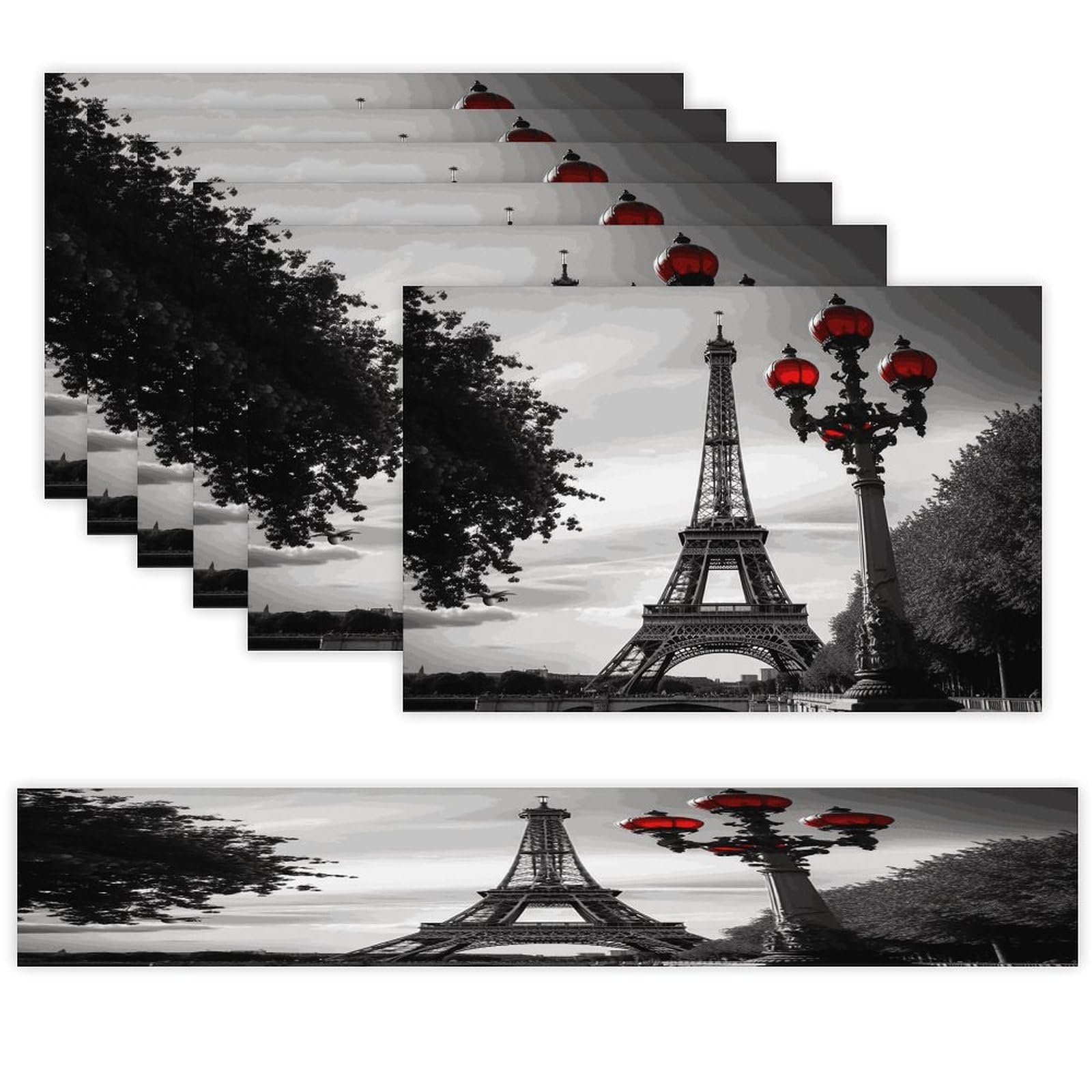 Eiffel Tower London Table Runner and Placemats Set of 6 for Kitchen Washable Table Mats Heat Resistant Place Mats Non-Slip Place Mat Wipeable Placemat(6 Placemats+1 Table Runner)