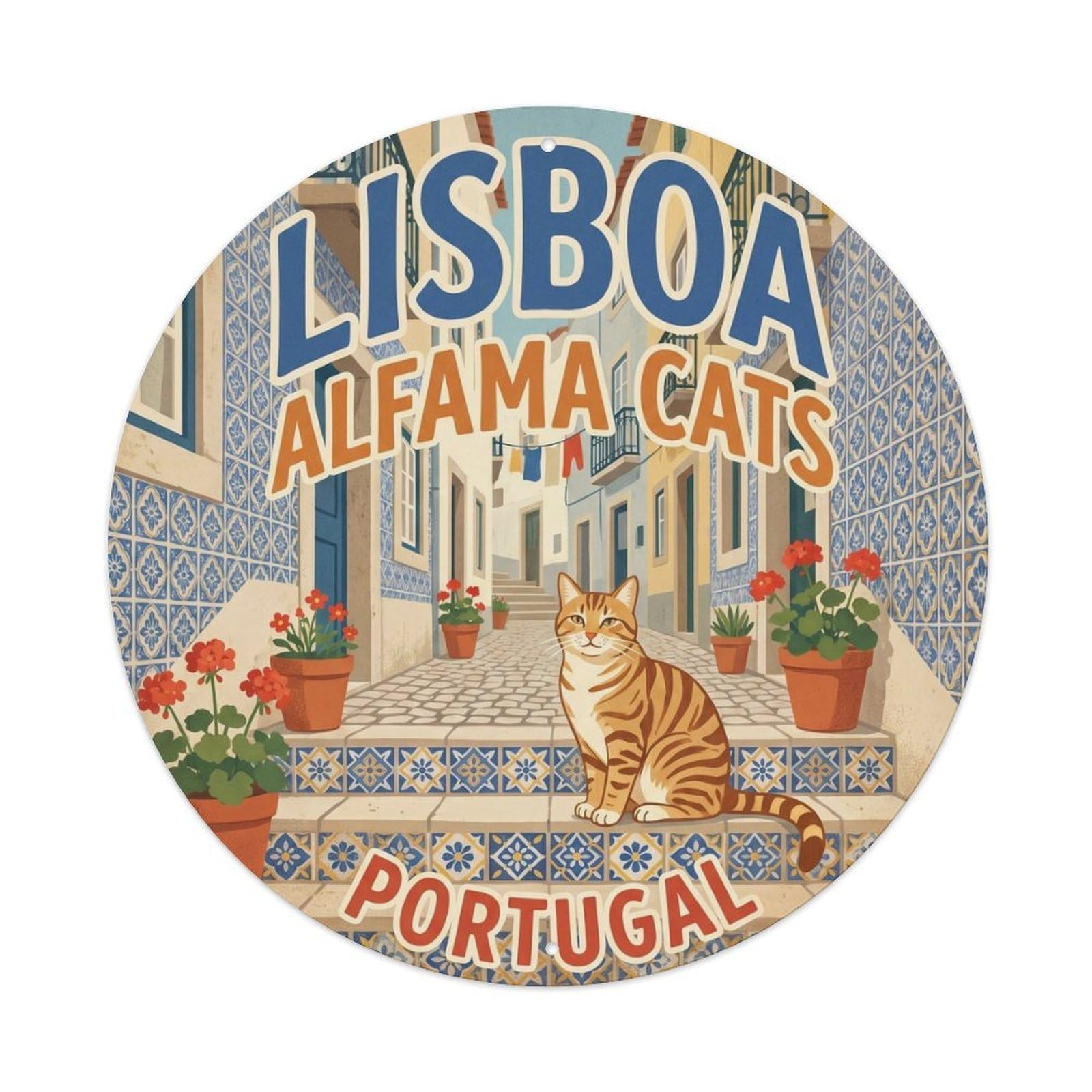 Olhnbad Style Portugal Lisboa Alfama Cat Landmark Travel Heritage Metal Tin Sign