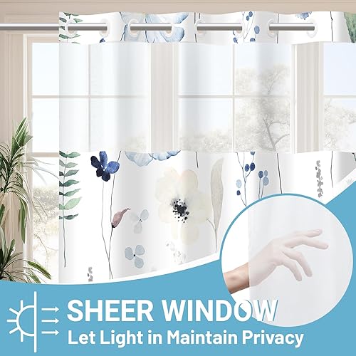 Miniatura 8 de Cortina de ducha sin gancho y con forro interior impermeable de tela a presión, cortinas de tela para ducha con diseño de plantas y flores azul