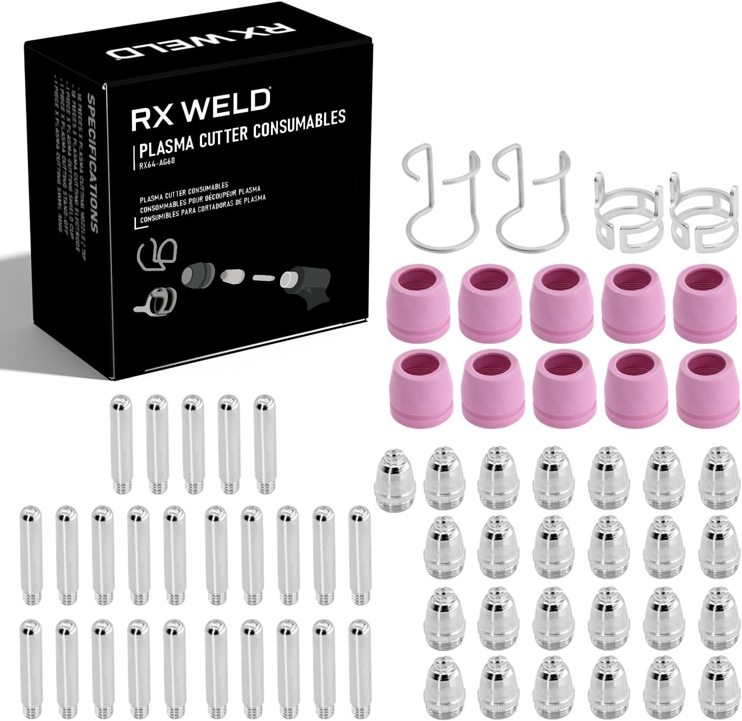 RX WELD 52Pcs Plasma Cutter Torch Consumables Electrode Nozzles Cups Kit Galvanized Copper Ceramic AG-60 Consumables