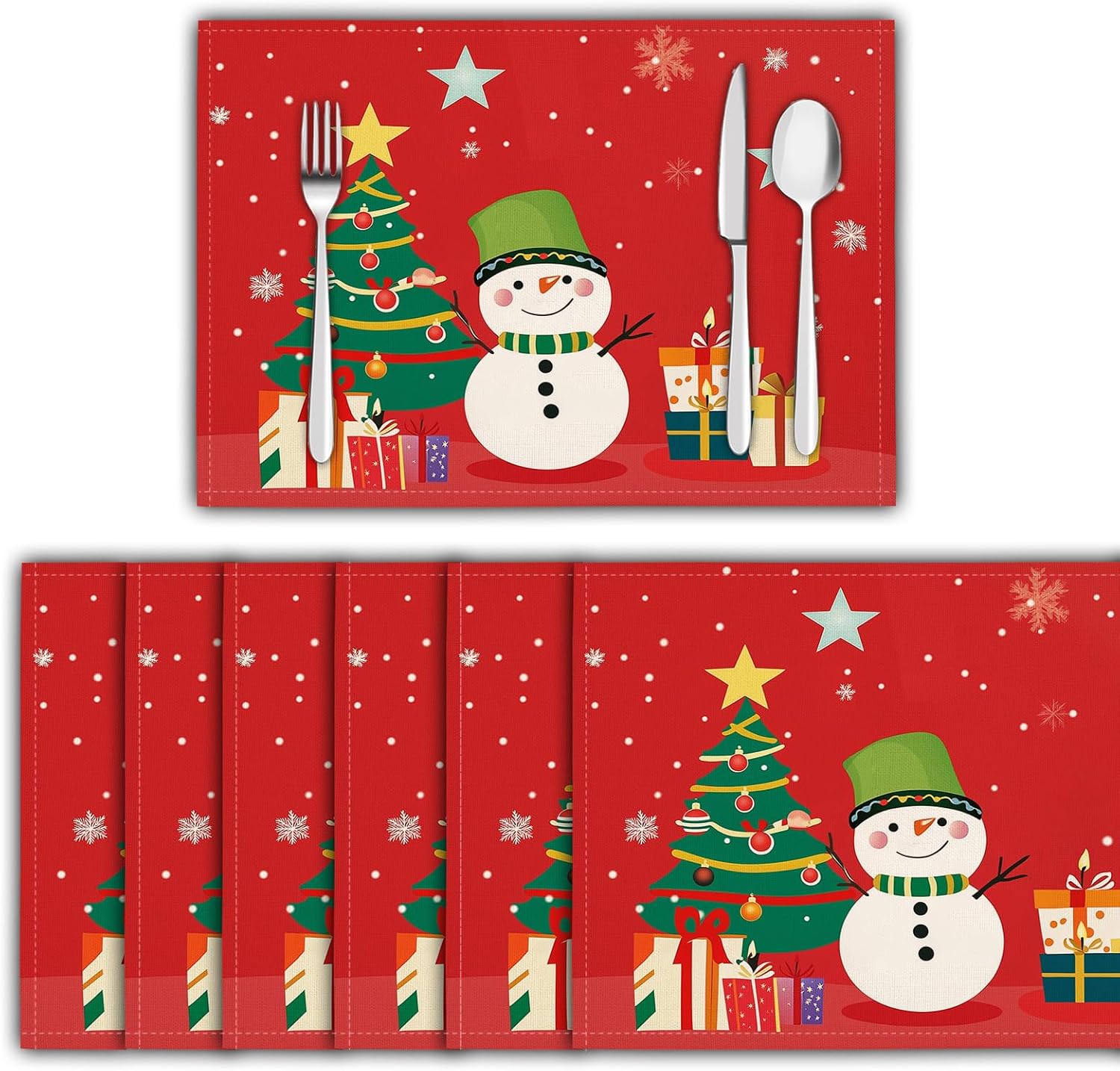 Christmas Snowman Table Decoration Placemats, Christmas Tree Placemats Set of 4, Hot Resistant Waterproof Xmas Table Mats, Linen Christmas Place Mats for Dinner, Home Party and New Year Celebration