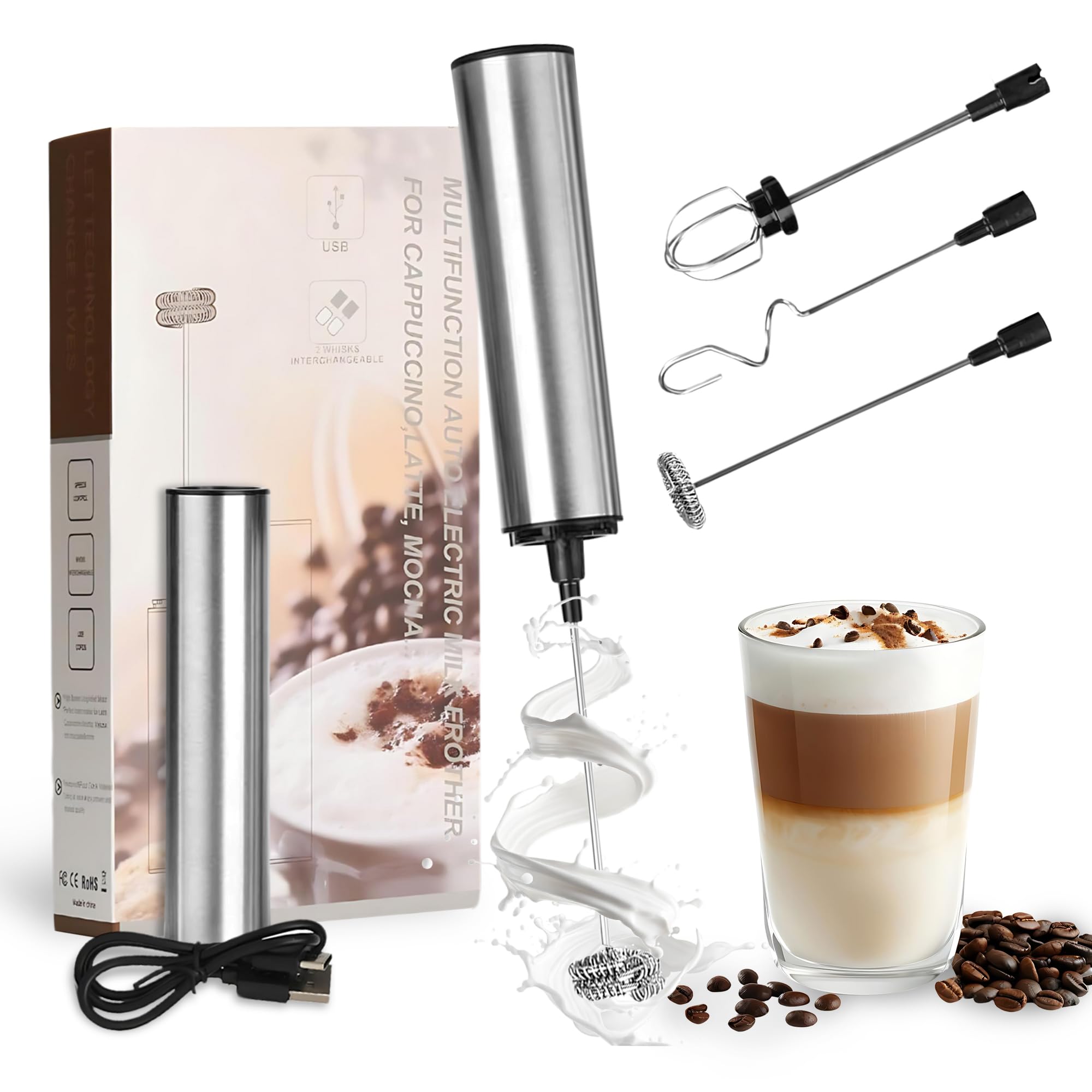 Espumador de leche recargable de mano con 4 batidores, mezclador eléctrico de espuma, agitador de mano para café, huevos, comida para bebés (espumador de leche recargable con 4 batidores)