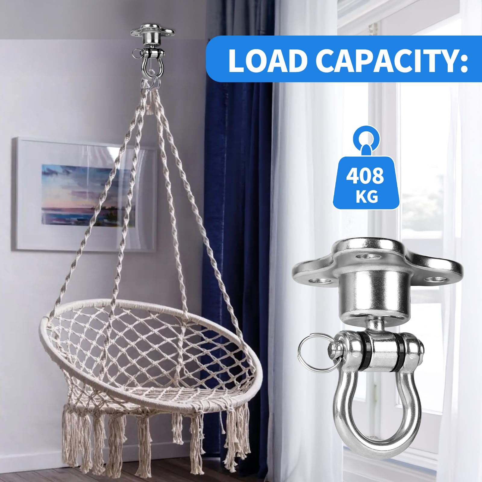 DBREAKS Gancho de Techo Tarea Pesada, 360° Rotación, Gancho de Techo de Acero Inoxidable para Columpios, Capacidad de Carga 408 kg, Suspensión para Sillas Colgantes, Hamacas de Yoga y Sacos de Boxeo