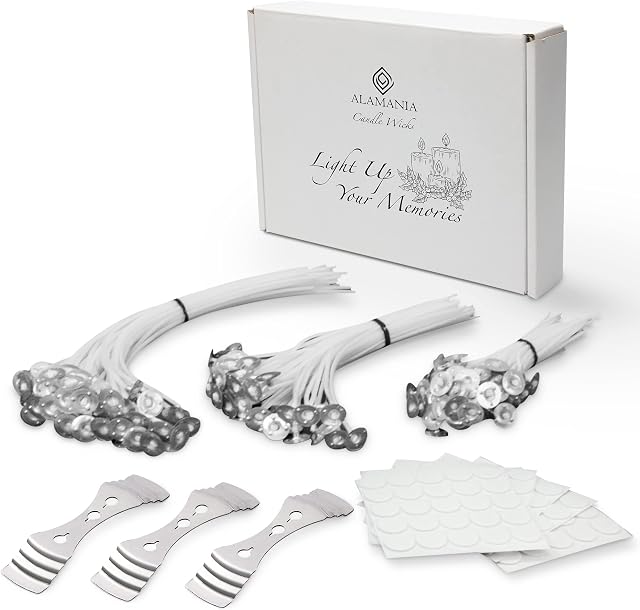 ALAMANIA 150Pcs Candle Wicks For Making Candles 10cm,15cm,20cm(50each) with 3 Candle Wick Holders&150 Glue Dot Wick Stickers-Low Smoke-Long Burn-Easy To Make Candles At Home-For DIY Candles-DIY Crafts