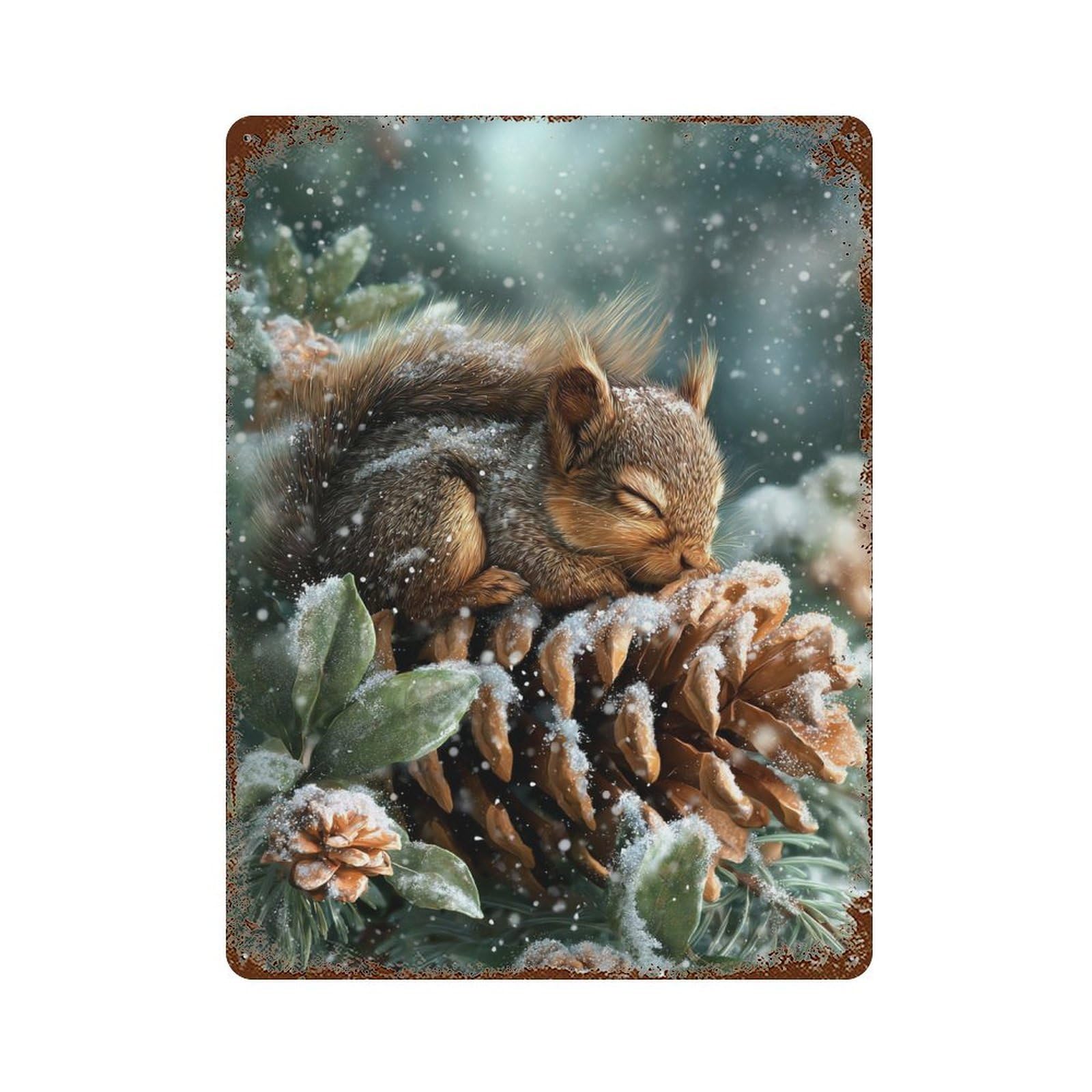 Winter Squirrel Resting-1 Decorative Tin Sign 15.7"x11.8", for Garage, Bar And Workshop Decor, Novelty Wall Decor