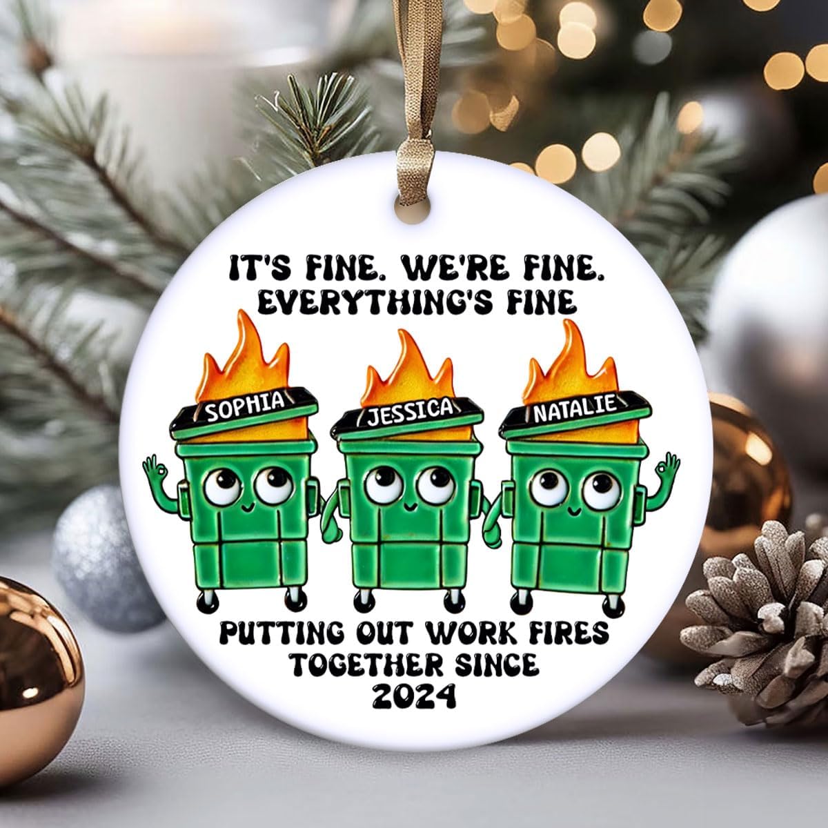 Putting Out Work Fires Together Work Bestie Dumpster Fire Funny Gift for Colleagues, Co Worker Gifts Christmas, Funny Coworker Gifts, Personalized Ceramic Ornament - Image 7