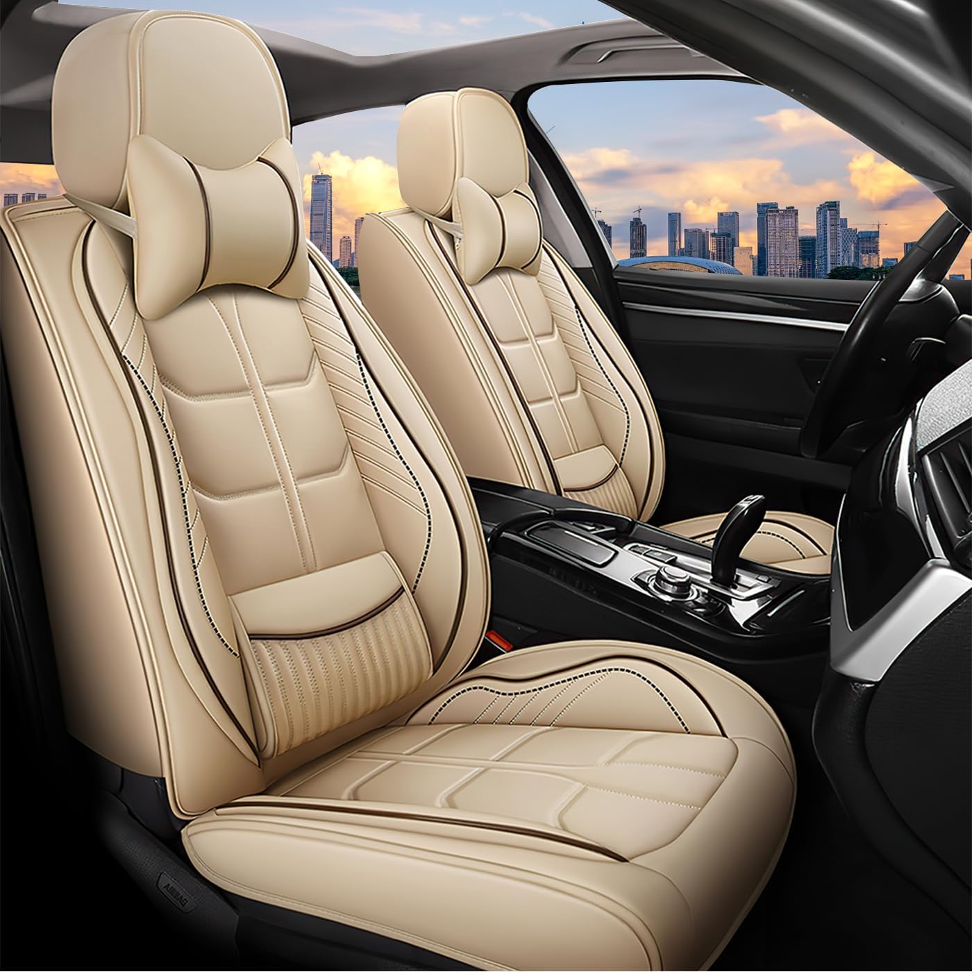 Car Seat Covers Custom Fit for Ford F-150 2003-2025 for Pickup Trucks | Universal Split Bench Design | 5-Seat Full Set with Pillow,Beige