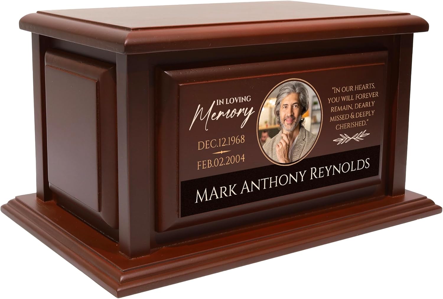 250lbs Personalized Urns for Ashes Made of Solid Pine Wood, Custom Urn Box for Human Ashes, Large Burial and Cremation Urns for Ashes, Cherry Wood Color Urns (Design 4)
