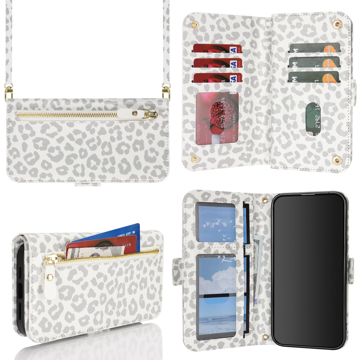 for iPhone 11 Wallet Case for Women,for iPhone 11 Case with Strap Crossbody Lanyard,PU Leather Shockproof Card Holder Stand Zipper Pocket Flip Phone Case-White Leopard