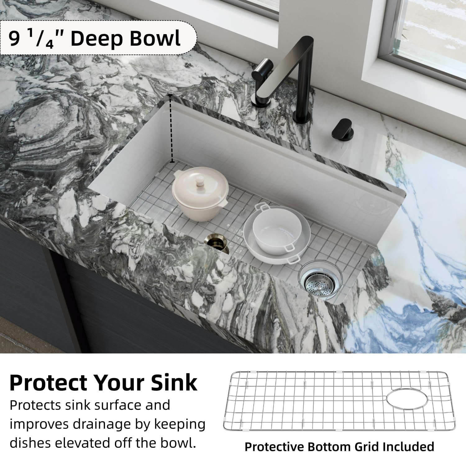 33"W x 19"D White Kitchen Sink with Offset Drain Opening, Los Flexi 33 Inch Fireclay Workstation Sinks Deep Single Bowl, White Undermount Kitchen Sink with Cutting Board, Grid and Strainer, Dual Mount