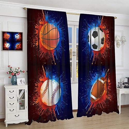 Vista 176 de Boys Sports Curtains Basketball Football Baseball Flame Pattern Printed Curtains Kids and Teenagers' Bedroom Living Room Blackout Curtains W42 * L54