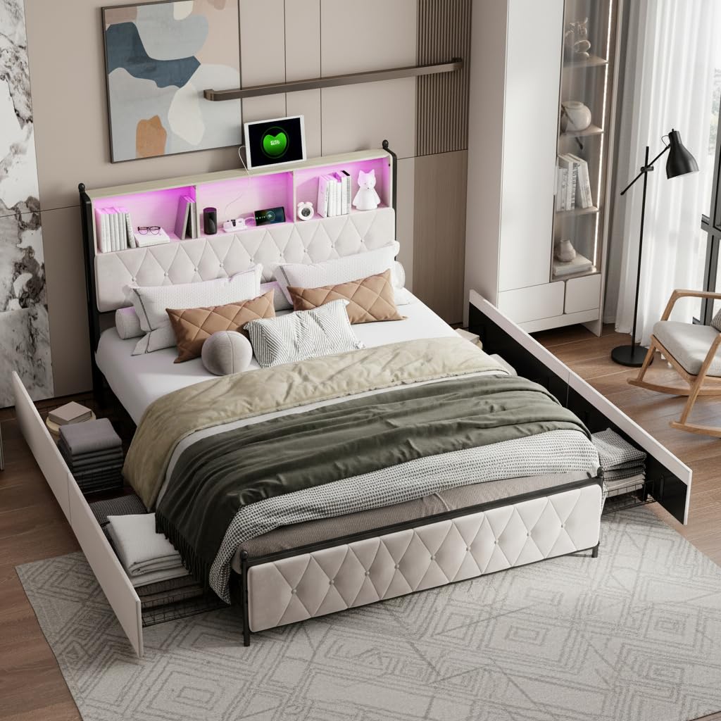 Cama tapizada para cama doble de 160 x 200, cama con cajón, cama funcional con cabecero, cama doble LED con almacenamiento, cama para adultos (beige, 160 x 200)