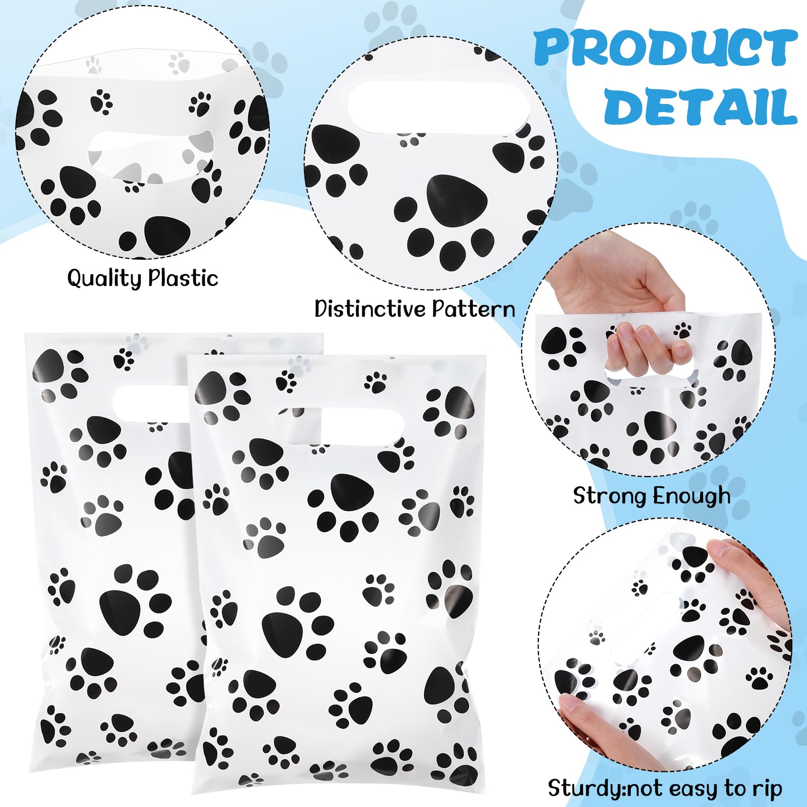 Pasimy 100 Pcs Dog Paw Gift Bags Bulk Pet Paw Puppy Plastic Treat Favor Candy Goodie Bags with Handle for Dog Birthday Party Decoration Supplies(White,Black)
