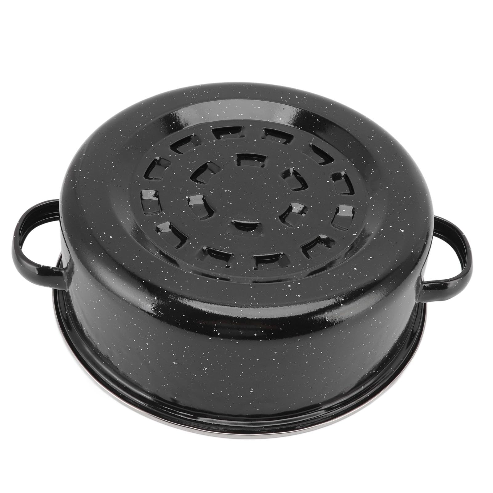 Sartén para asar con acabado moteado negro antiadherente para barbacoa, sartén con tapa para patatas dulces asadas, castañas, material esmaltado (26 cm, cubierta de hierro)