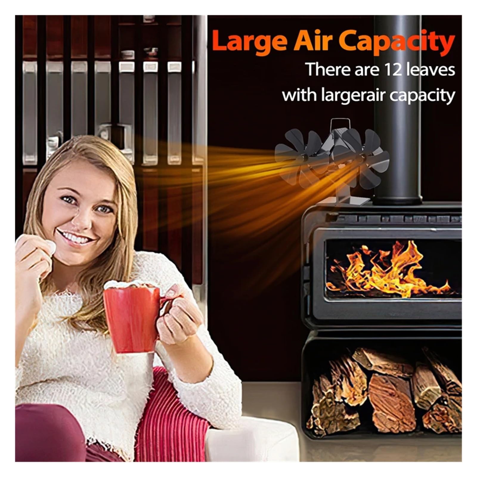 Ventilador Estufa Leña Estufa De Calor Con Ventilador 12 Aspas, Leña For Quema Troncos, Silencioso, Ahorro Energía, Doble For Hogar 6(12 Blades-Desktop)