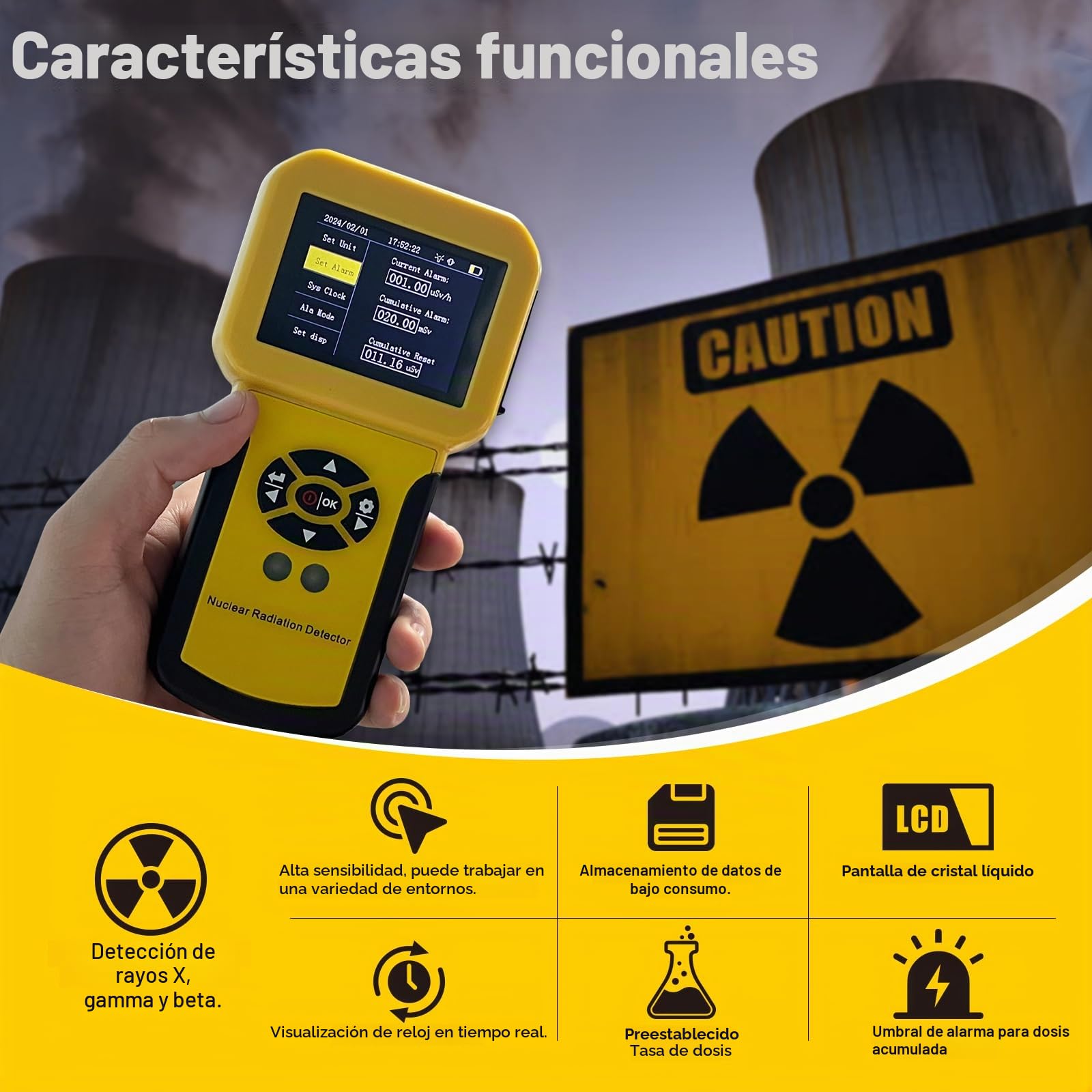 Contador Geiger Nuclear Detector de radiaciones Contador Geiger-Müller para medir la Intensidad de Las radiaciones ionizantes partículas Beta, Rayos Gamma y Rayos X, Pantalla LCD ajustes de Alarma