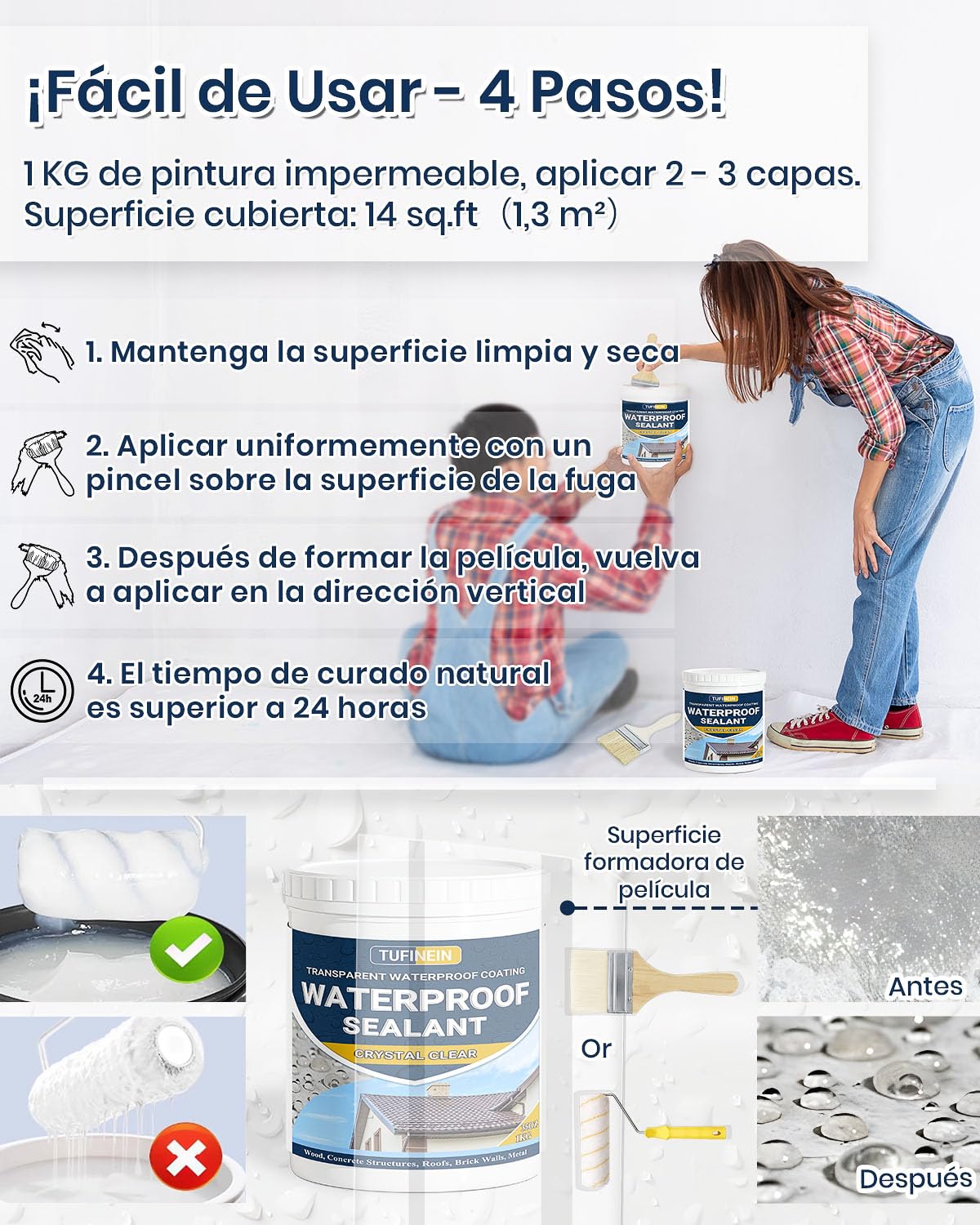 Impermeabilizante Transparente 2 KG, Revestimiento Impermeable Definitivo Interiores y Exteriores, Sellador de Fugas Transparente Revestimientos Impermeables al Agua
