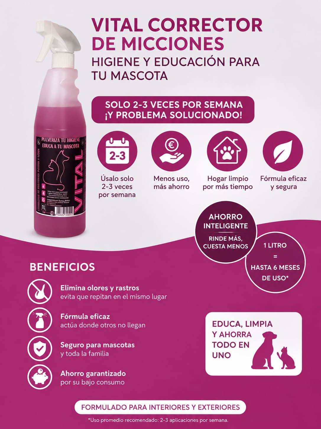 Vital Correttore di minzioni per cani e gatti 1000 ml - Eliminatore di odori e tracce di urina - Aiuto per l'addestramento degli animali domestici - Uso interno ed esterno - Efficace