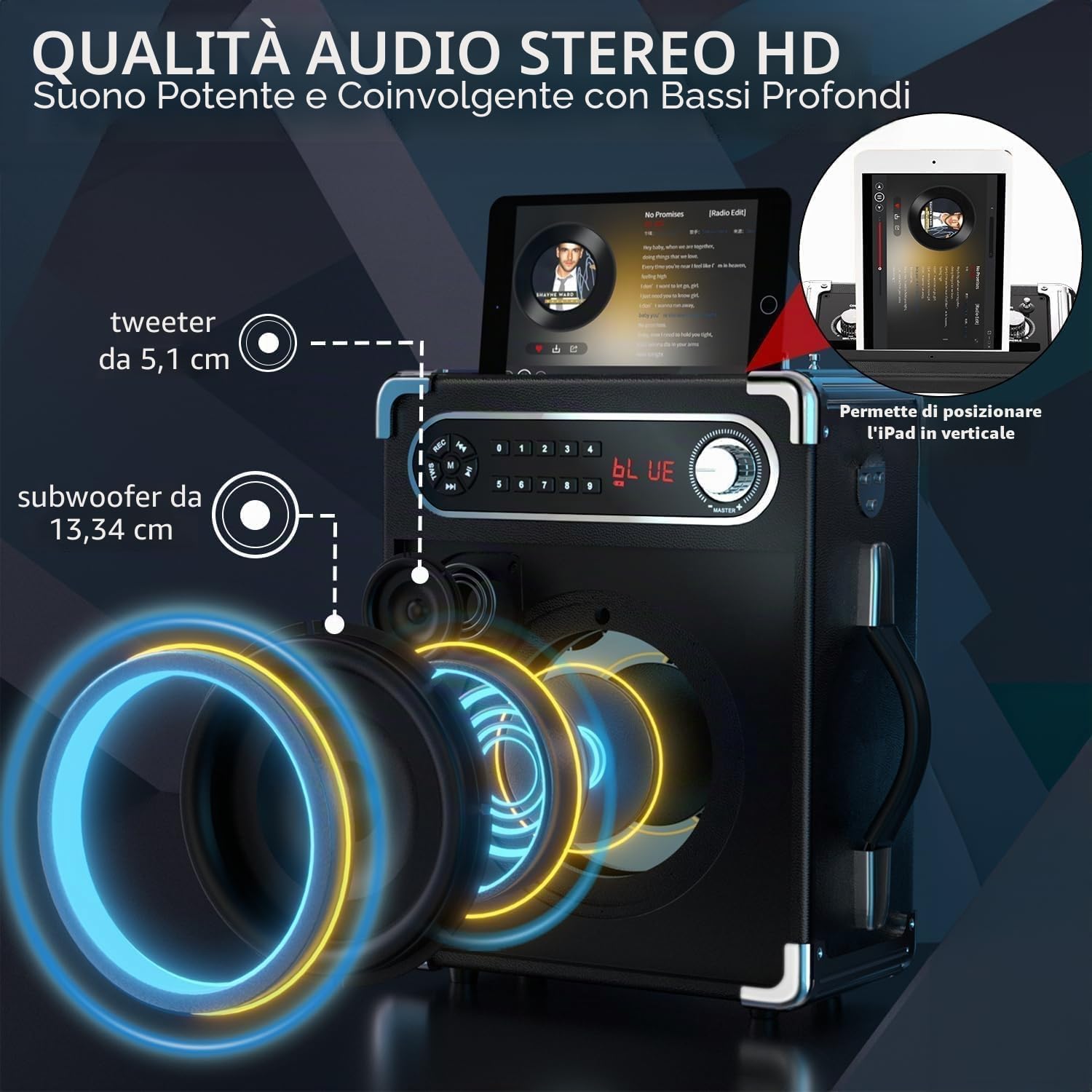 Macchina per karaoke con 2 microfoni wireless, altoparlante portatile Bluetooth 5.3 con luci LED, regolazione bassi/acuti, sistema PA con telecomando, supporta FM/AUX/USB/TF per feste
