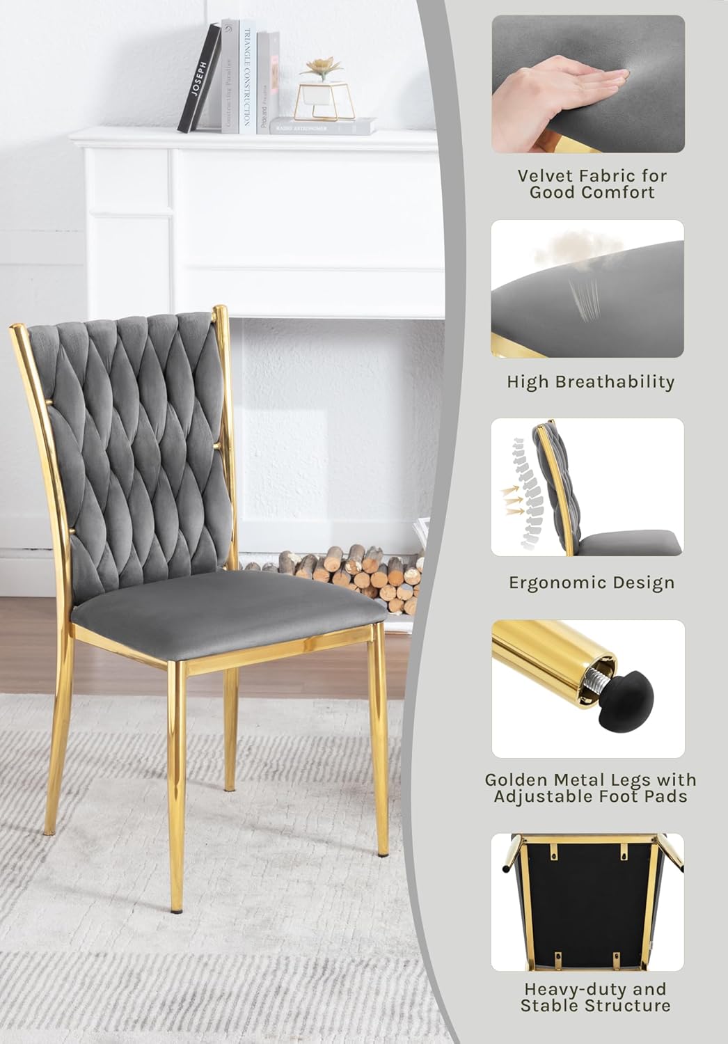 Close-up images highlighting features of the WOLTU dining chair: velvet fabric, high breathability, ergonomic design, golden metal legs with adjustable foot pads, and heavy-duty stable structure.