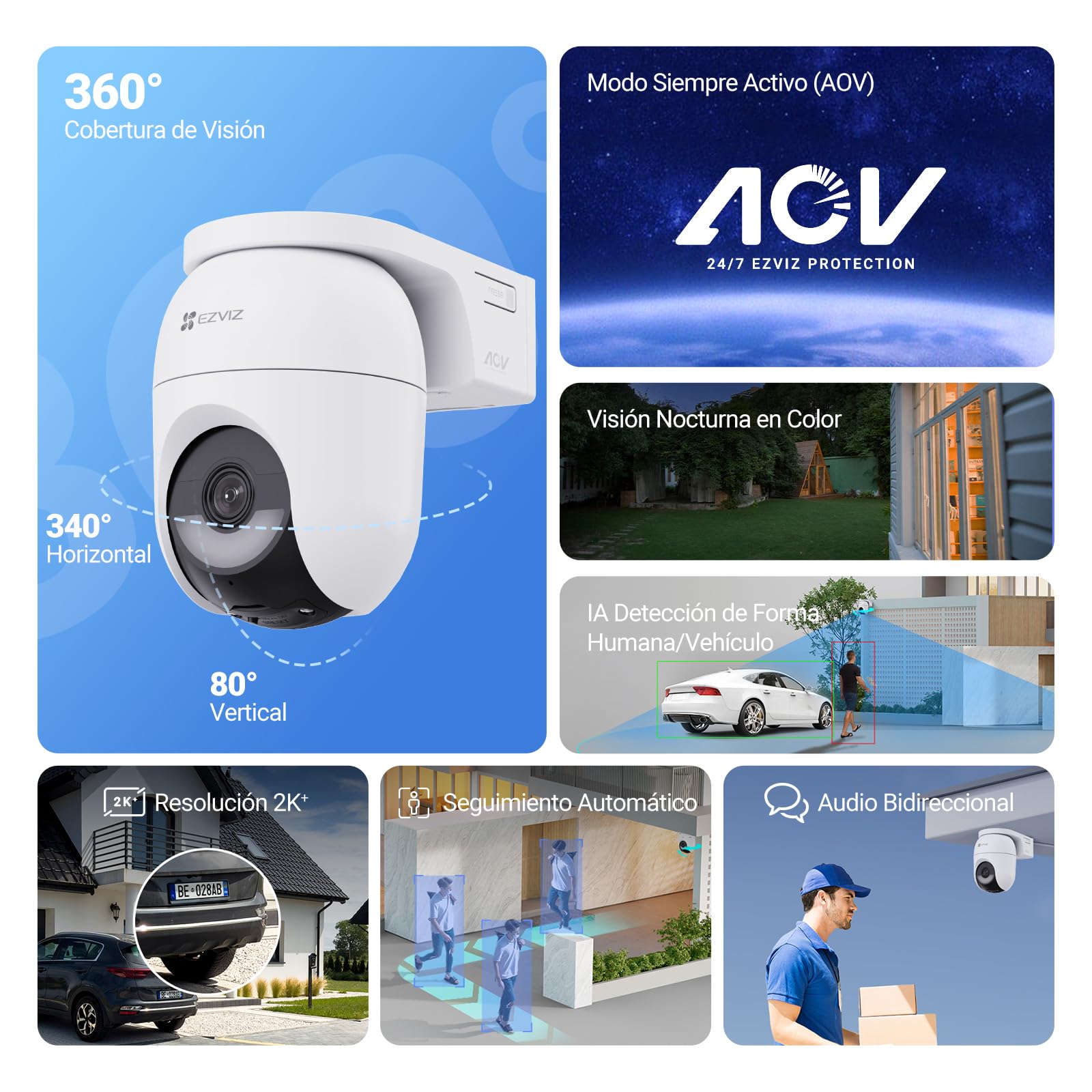 EZVIZ Cámara Vigilancia Exterior WiFi 4MP, AOV 360° con Batería 5200mAh, Detección de Forma Humana/Vehicular, Visión Nocturna Color, Defensa Activa, CB8 Lite + Panel Solar 5W, NO SD Tarjeta