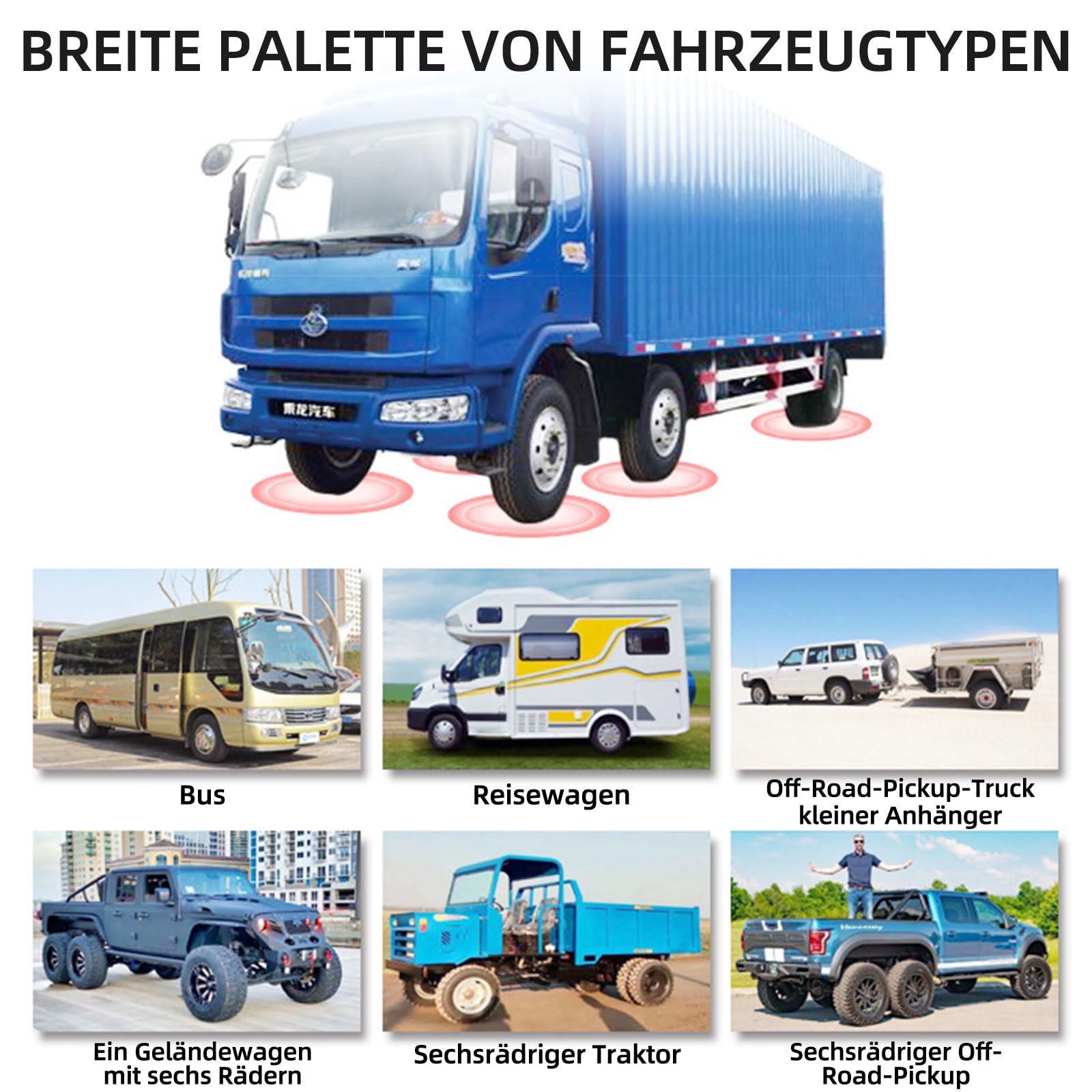 Reifendruckkontrollsystem, TPMS 6 Rad Modi, 8 /15 BAR, 116/217 PSI Max, mit 6 Externen Kupfer Reifendrucksensor, Vertikal/Hängend Montierbar, Solar USB Aufladung, für Busse, Wohnmobile, LKW (0-15 BAR)