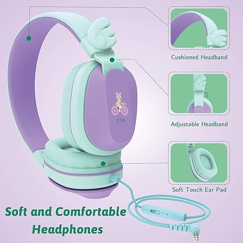 Miniatura 3 de Riwbox Auriculares para niños con cable, sonido estéreo CS6 plegables para niños sobre la oreja con micrófono y control de volumen, compatibles con