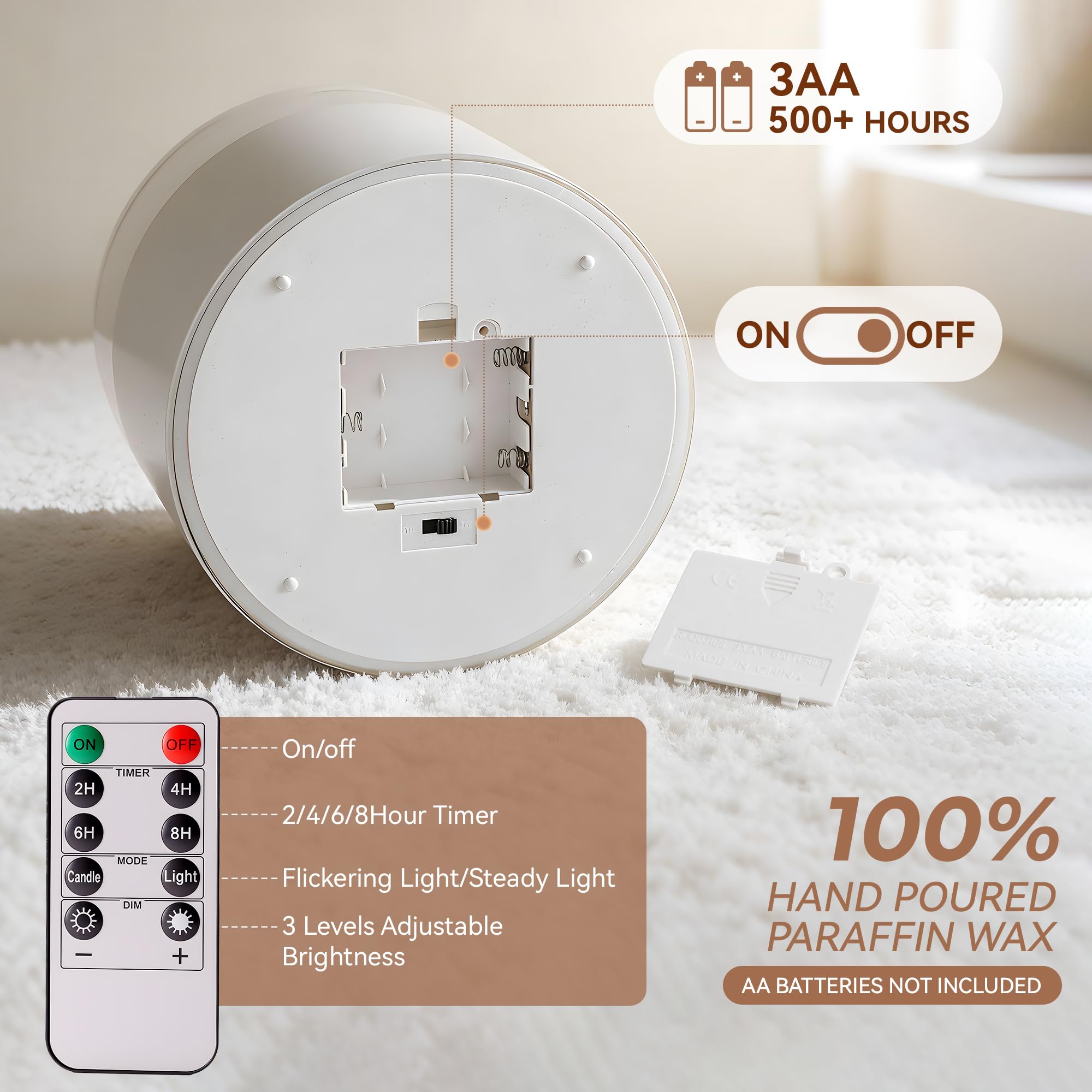 Candela in vetro senza fiamma a 3 stoppini con telecomando e timer, 15,2 x 15,2 cm, extra large, candela a pilastro a LED in vera cera, funzionamento a batteria, con fiamma tremolante 3D, per