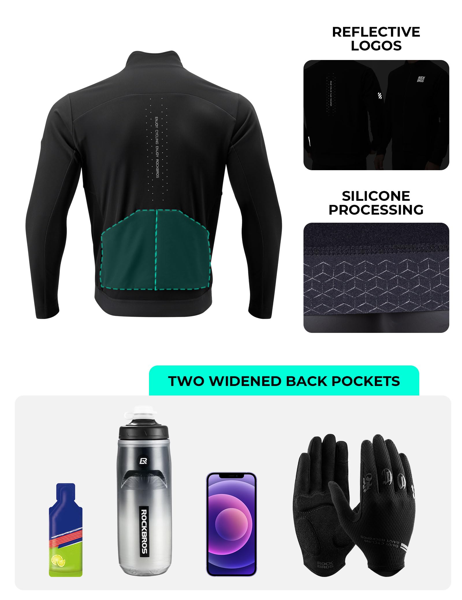 ROCKBROS Chaqueta Cortavientos Ligero para Hombre, Chaqueta Térmica de Forro Polar Deportiva Transpirable Reflectante para Ciclismo Senderismo Deportes al Aire Libre, Negro