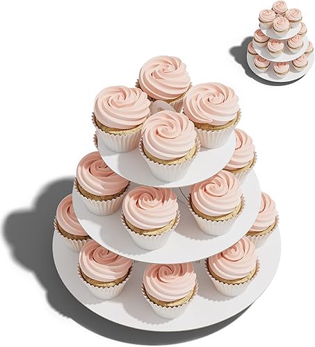 BLISSUR Torre de soporte para cupcakes, paquete de 2, blanco, 3 niveles, soporte para tartas de cartón, postre para fiestas (blanco)