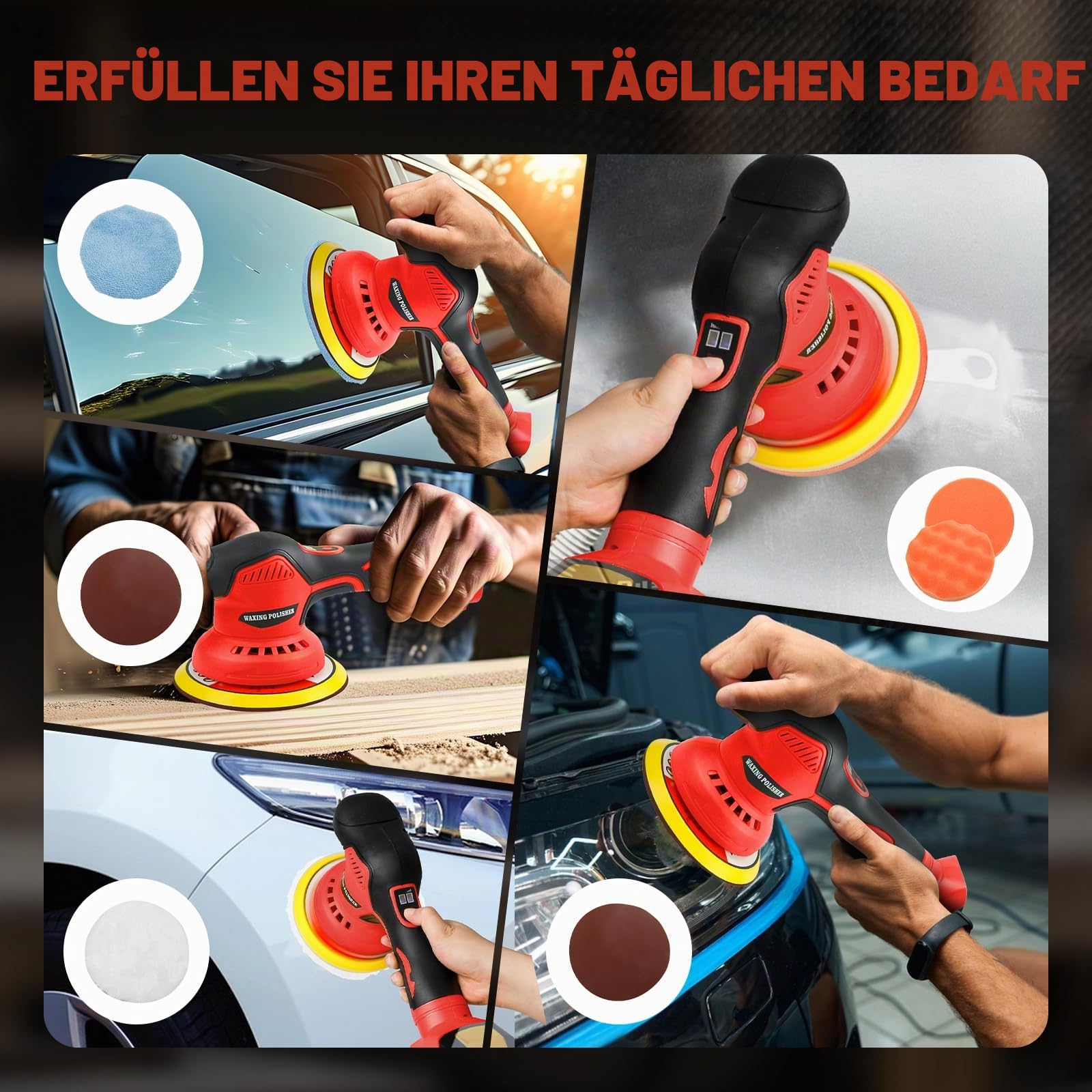 Kabelloser Autopufferpolierer Kompatibel mit Milwaukee 18V Batterie, 8 variable Geschwindigkeiten Autopolierer, 6 Zoll Orbital Puffer Waxer Kit für Auto Detaillieren Wachsen Polieren (Red)