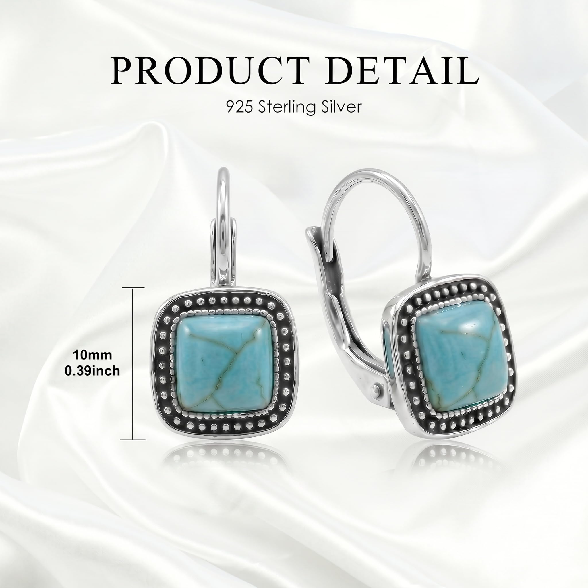 Ohrring mit natürlichem Türkis, 925er Sterlingsilber, Klappverschluss, quadratische Türkis-Hängeohrringe, Western-Schmuck, Geschenkidee für Damen