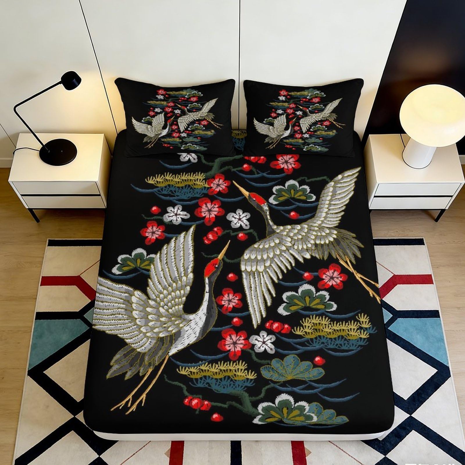 3D Printed Japanese Crane Cherry Blossom Fitted Sheet Microfiber Black Bed Cover Anti-Slip Washable Bedroom Decor 120x200x25cm