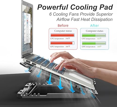 Miniatura 2 de ICE COOREL Almohadilla de enfriamiento para laptop con 6 ventiladores de refrigeración, almohadilla de enfriamiento para ventilador de laptop de 13