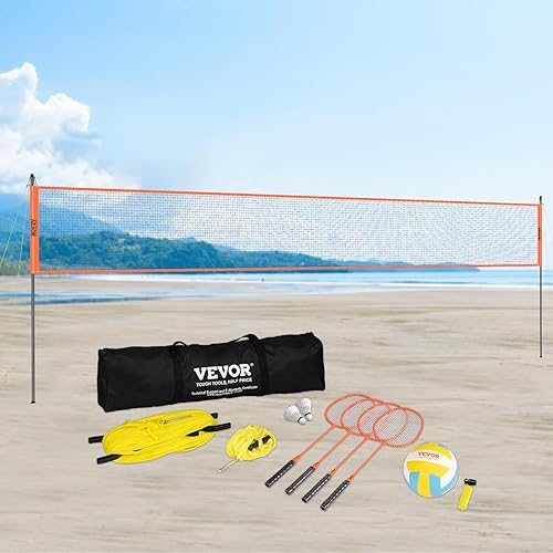 Miniatura 8 de VEVOR Juego de voleibol y bádminton, red de bádminton portátil para exteriores, postes de acero de altura ajustable, juego combinado profesional con