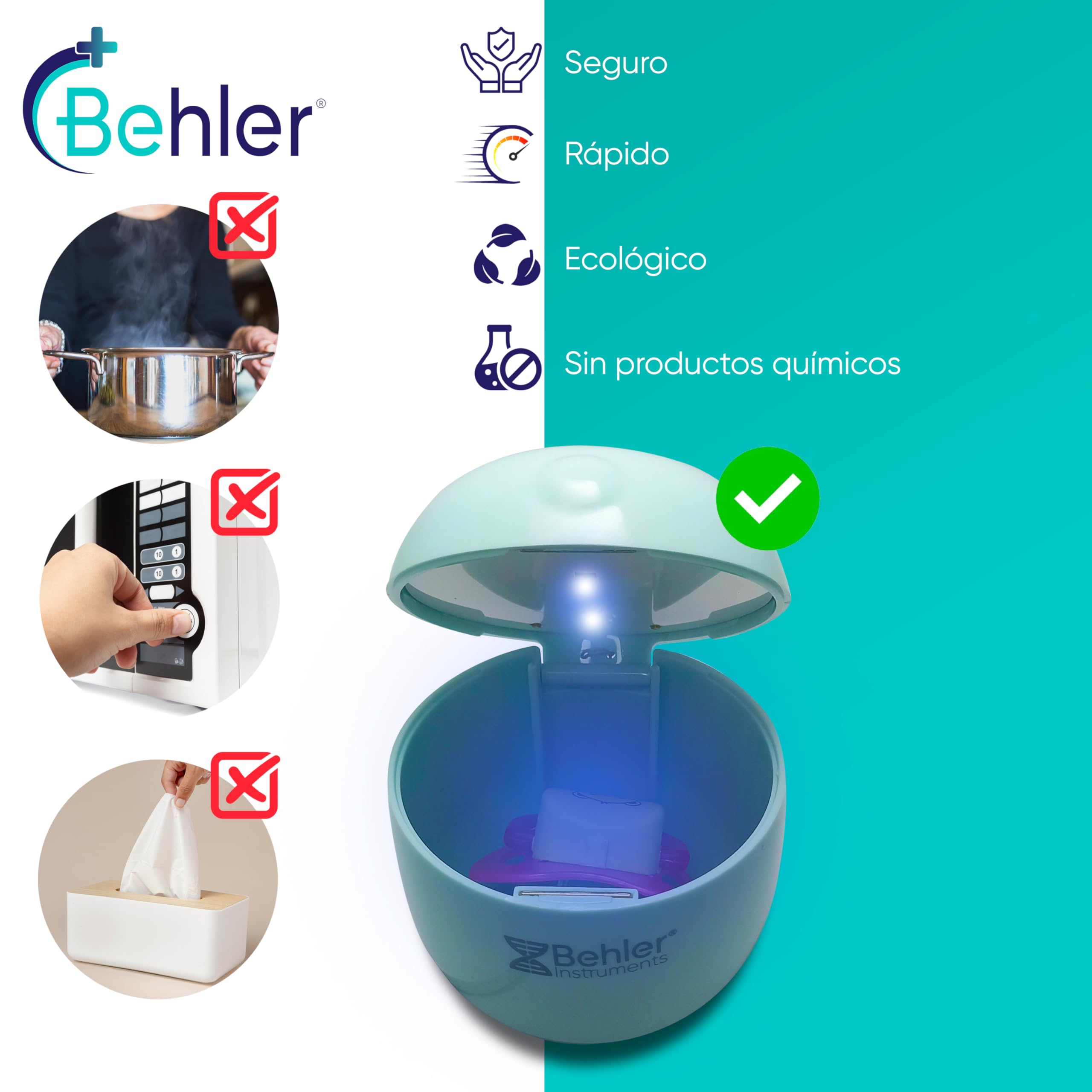 Sterilizzatore Ciuccio Portatile UVC-LED Behler – 99,99% Batteri Eliminati in 3 min, Box 8 cm Ricaricabile USB-C, Stand-by 180 gg, 2 LED, Laccio & Cavo Inclusi, ABS Sicuro per Neonati e Viaggio