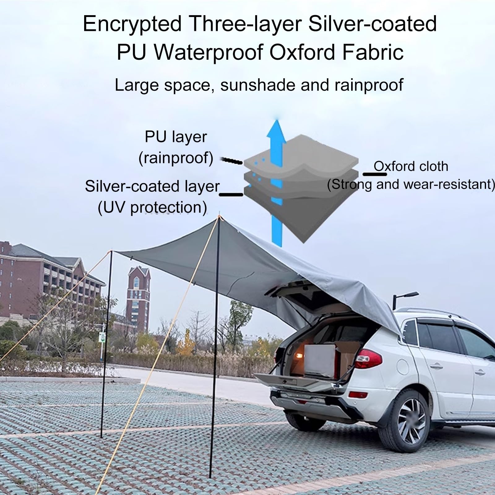 Toldo Furgoneta Camper Trasero para Coche, Toldo Camper Lateral Portátil Exterior, Tela Oxford Impermeable de 3000 Mm, UPF50+, Apto para SUV, Furgonetas y Coches