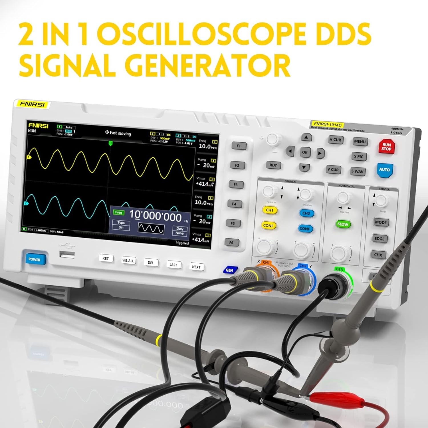 FNIRSI 1014D Oscilloscope 2 in 1 Digital Oscilloscope DDS Signal Generator, 100X High Voltage Probe, 2 Channels 100Mhz Bandwidth 1GSa/s Sampling Rate Built-in 1GB Storage Space