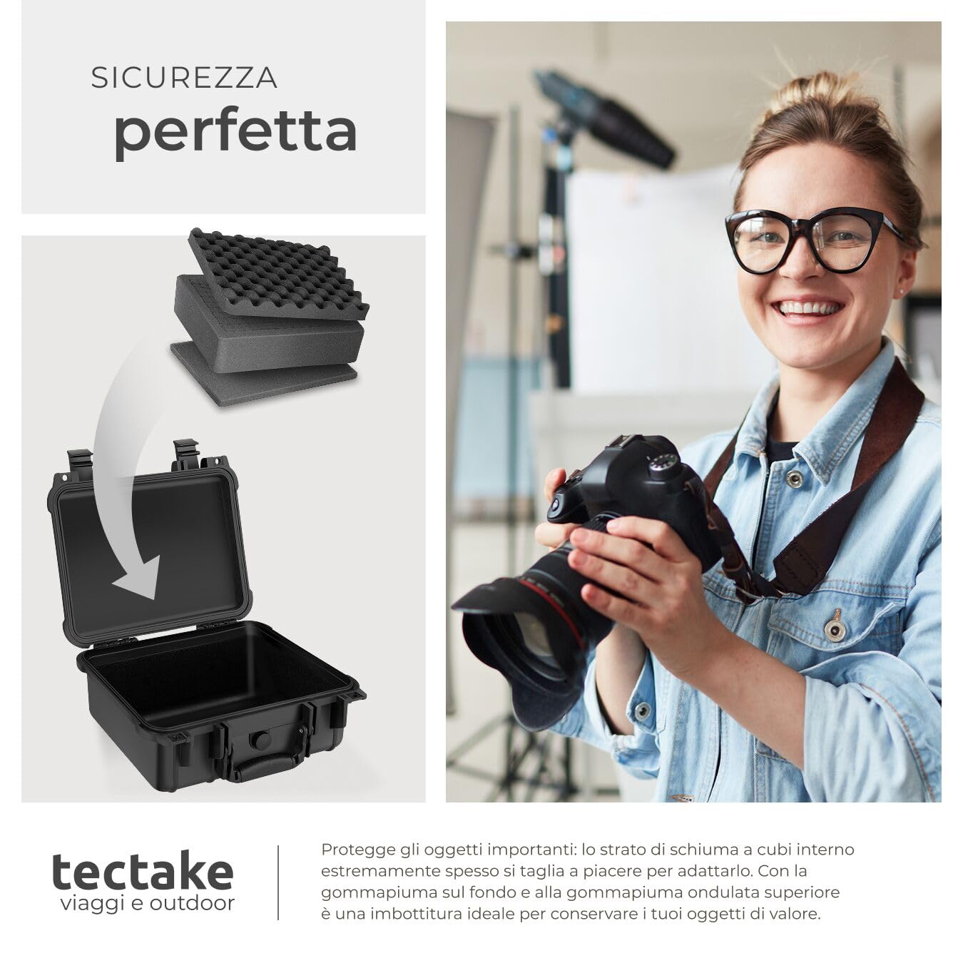 tectake® Valigetta Universale per Fotocamera, Custodia Macchina Fotografica, Leggera, Robusta, Porta Macchina Fotografica, Valigetta Impermeabile Rigida, IP55 - dimensioni interne 37,5x27x15,5 cm