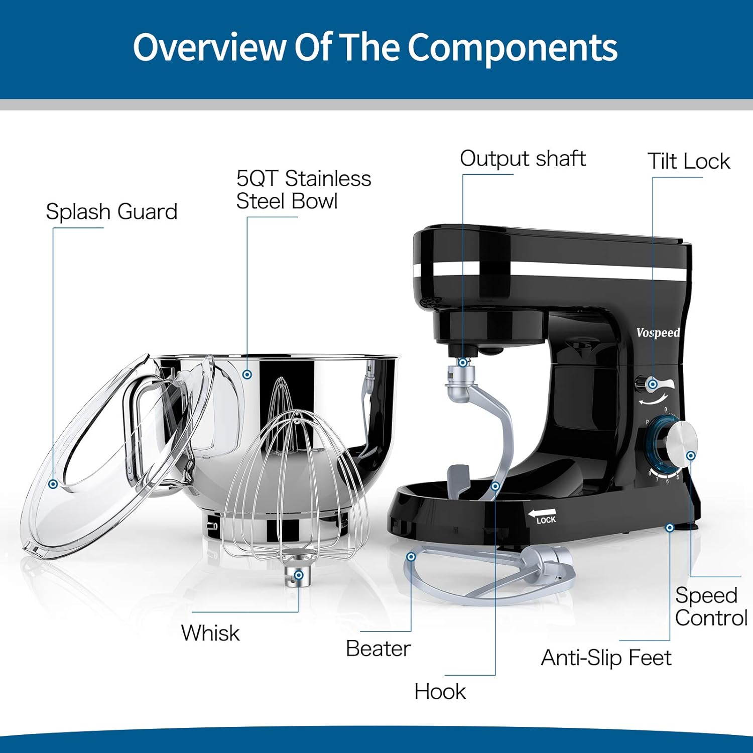 Vospeed Stand Mixer,5 Quarts 8-Speed 1000W Tilt-Head Food Mixer, Kitchen Electric Standing Mixer With Dough Hook, Whisk, Beater, Splash Guard & Mixing Bowl For Baking, Dishwasher Safe (Black)